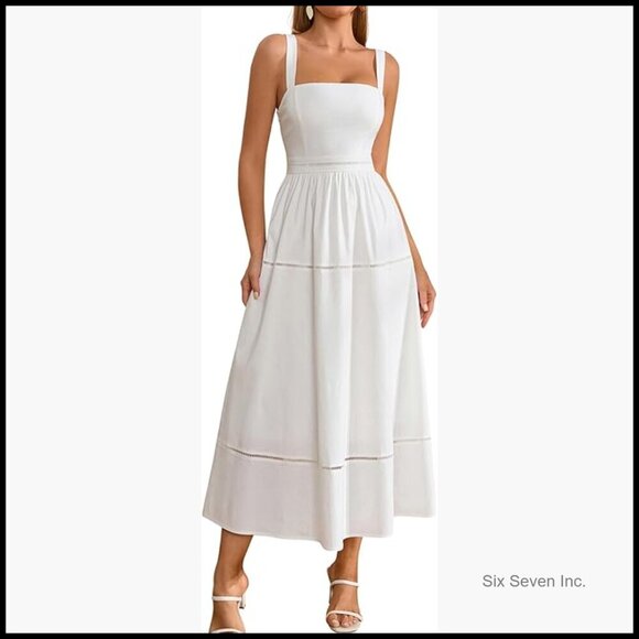 Dresses & Skirts - Summer Corset Midi Dress Elegant Square Neck Flowy A Line Wedding Guest